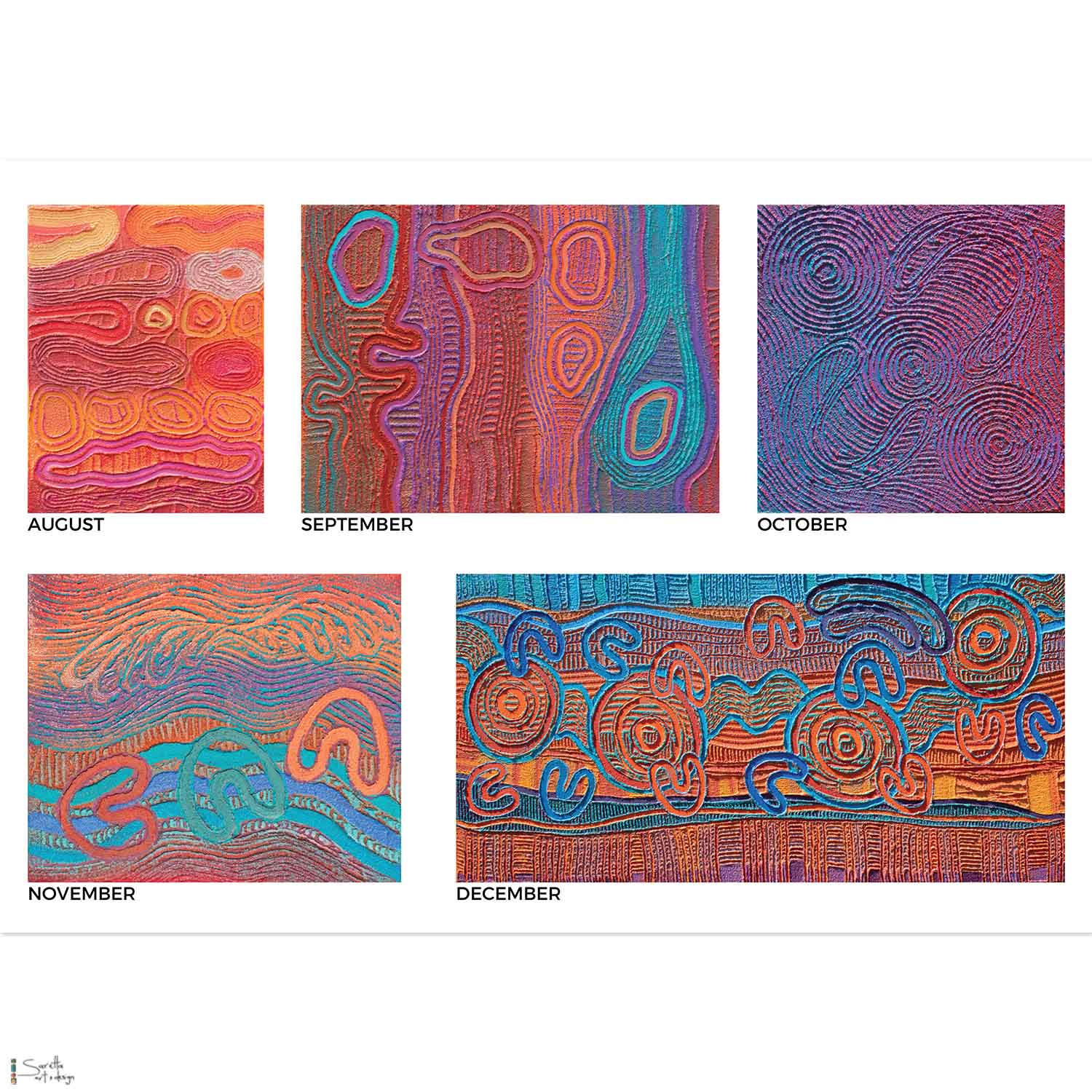 Five colorful abstract patterns labeled August to December on a white background.
