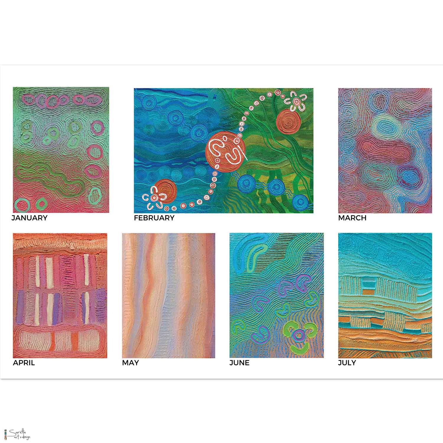 Artistic representations of months from January to July with colorful patterns.