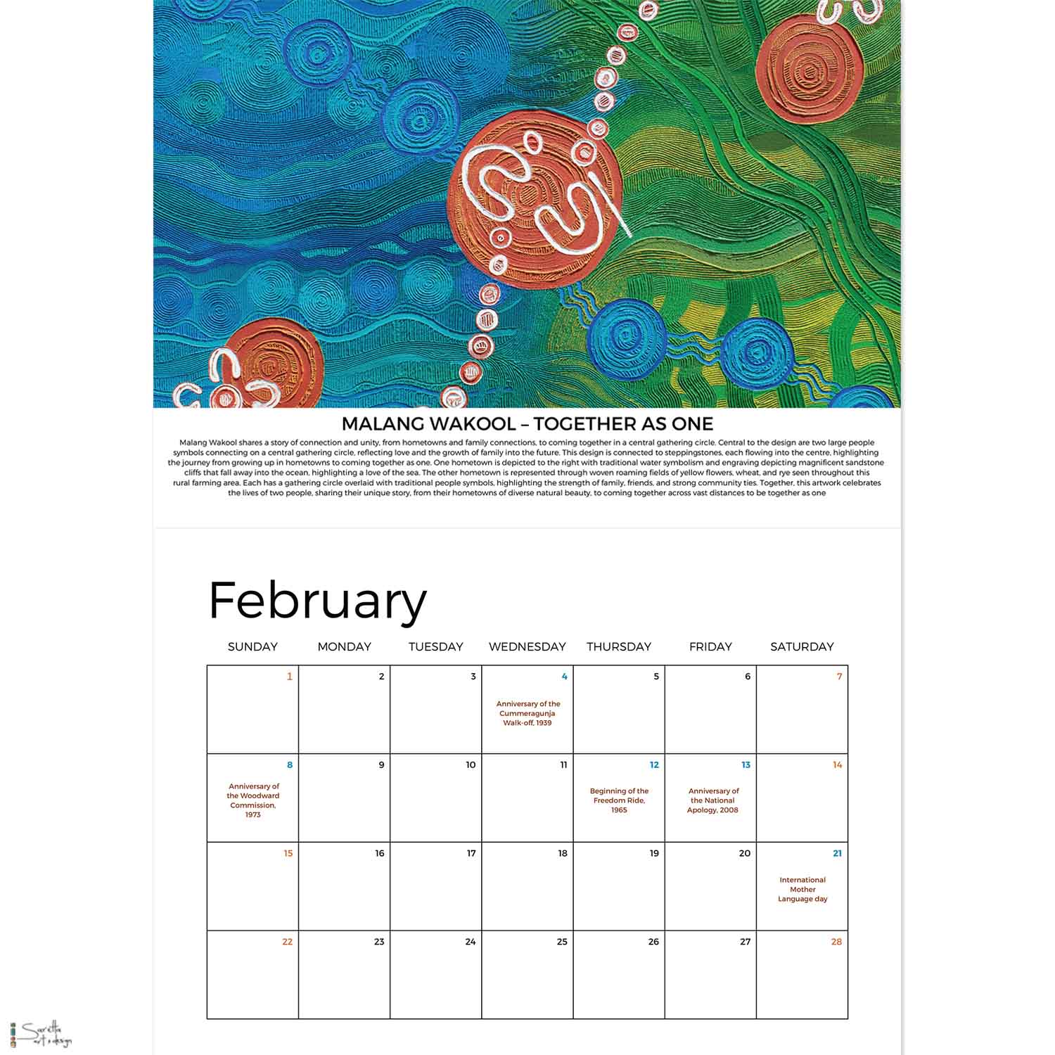 Calendar page for February 2026 with a colorful abstract design and text.