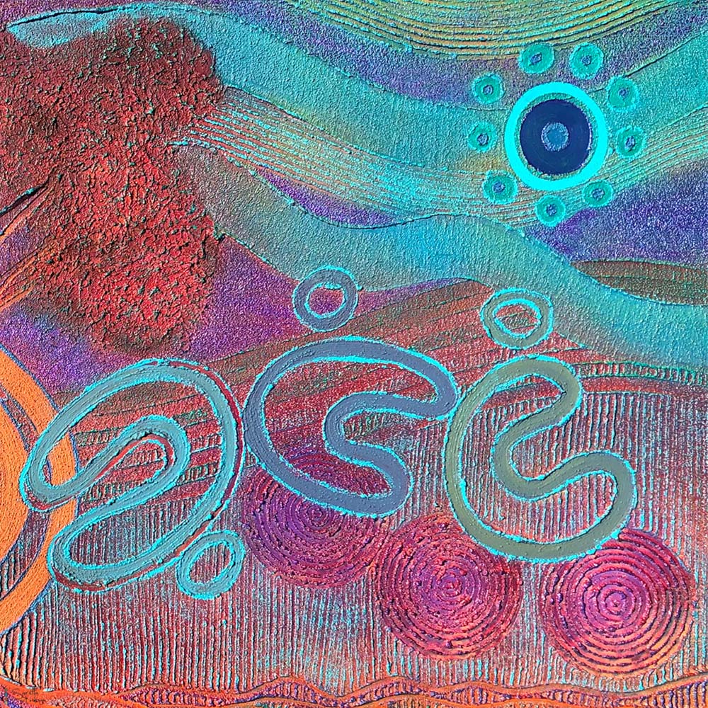 close up of Mob Malang - Family Together Aboriginal artwork by Saretta