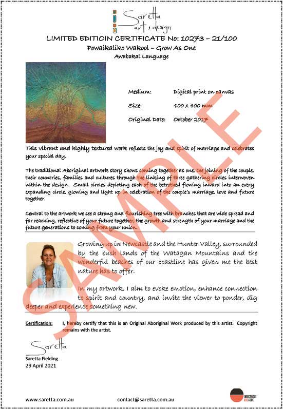 Sample art certificate of Bantimiti – Message Stick series 19 Original artwork by Saretta